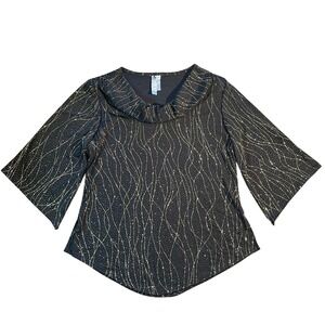 Praise Hymn Black Gold Sparkle Wavy Print Asymmetrical Cowl Neck Bell Sleeve Top